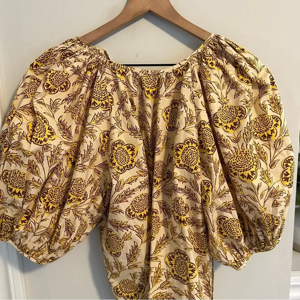 RHODE Cream Yellow Floral Puff Sleeve Blouse Medium